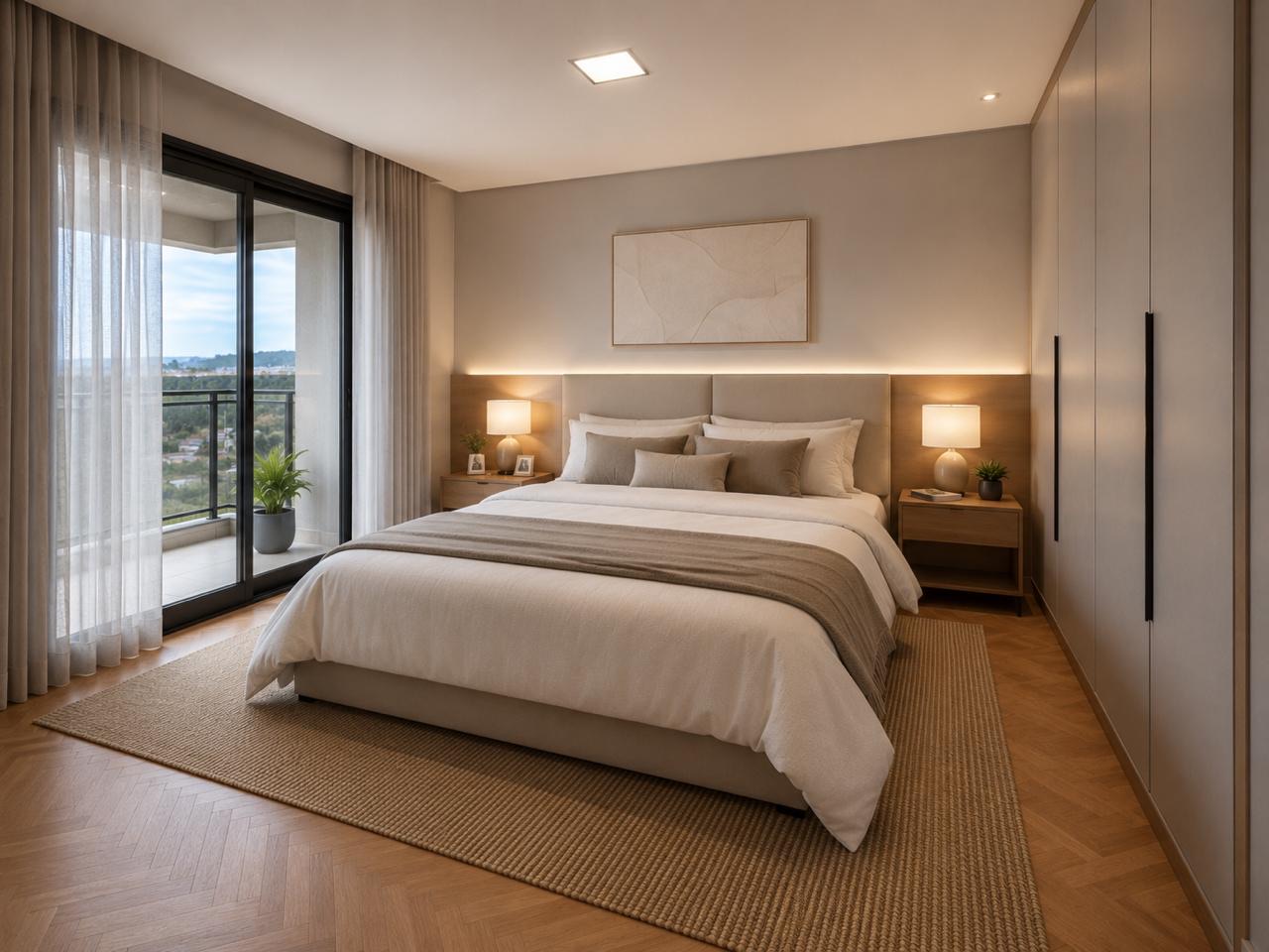 Sugestão de decoração do dormitório de casal com acesso à sacada