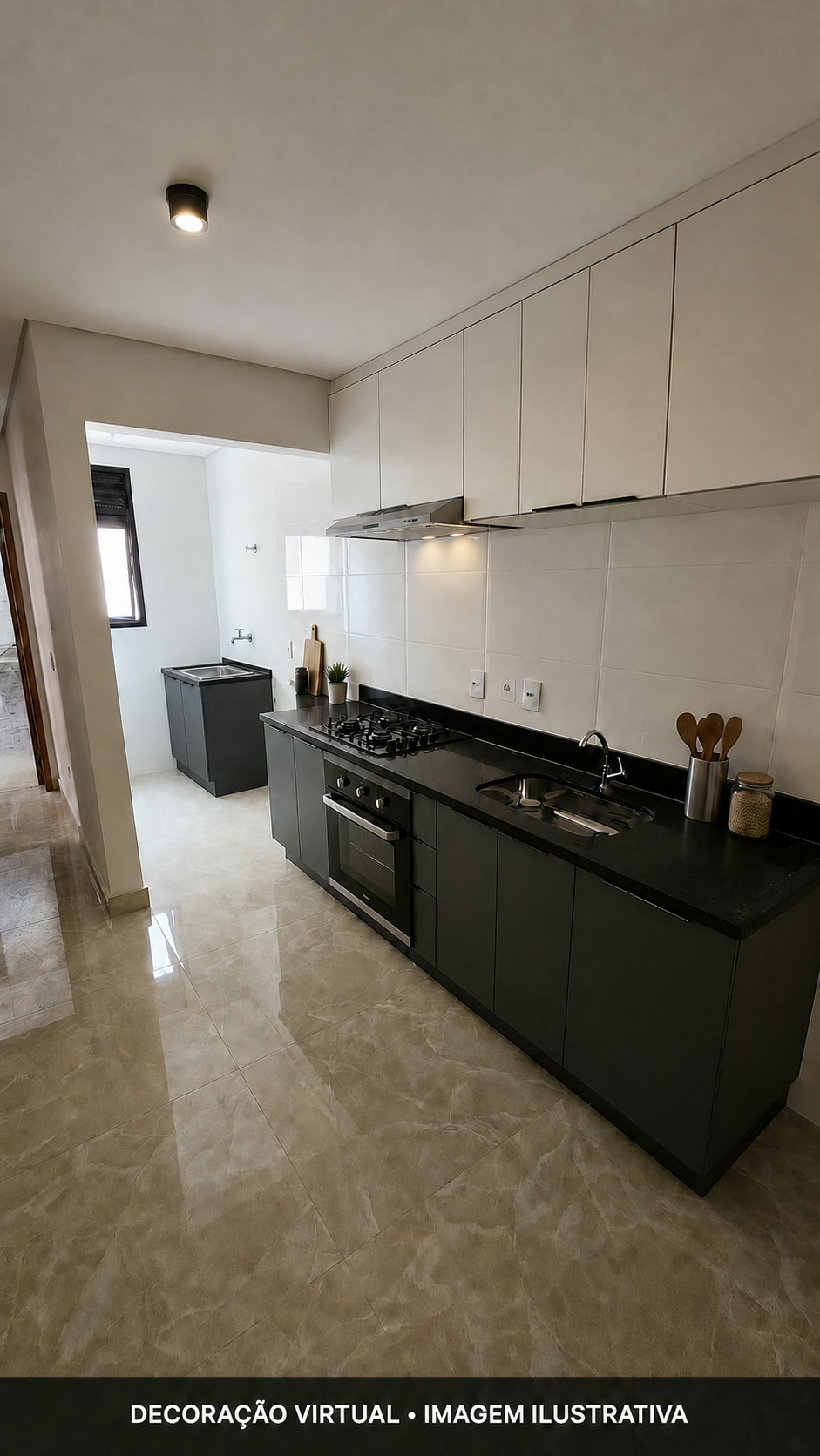 Simulação da cozinha com cooktop, forno e coifa, além do gabinete do tanque com cuba metálica