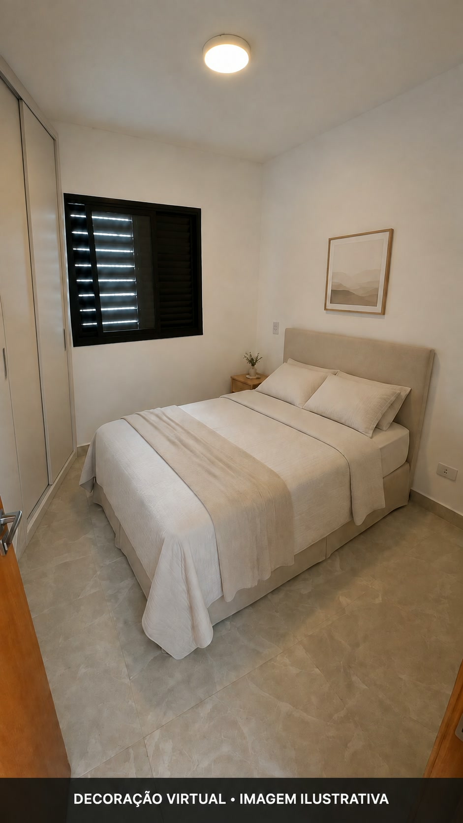 Simulação do dormitório de casal com guarda-roupa de portas deslizantes