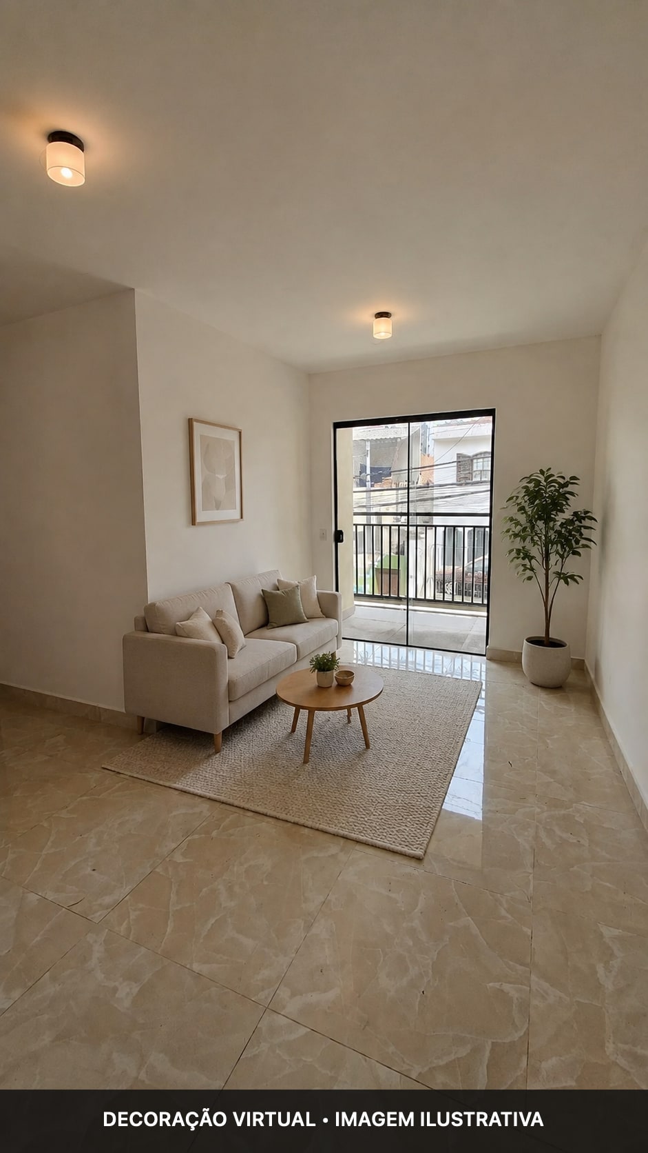 Simulação de decoração da sala com saída para a sacada